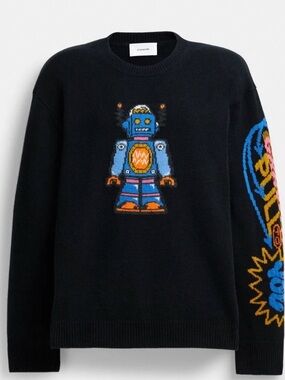Coach Black Crewneck Sweater with Blue & Orange Robot Intarsia